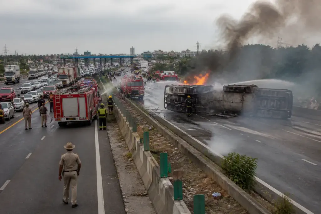 Bengaluru chemical tanker fire near the Kanakapura toll plaza on NICE Road