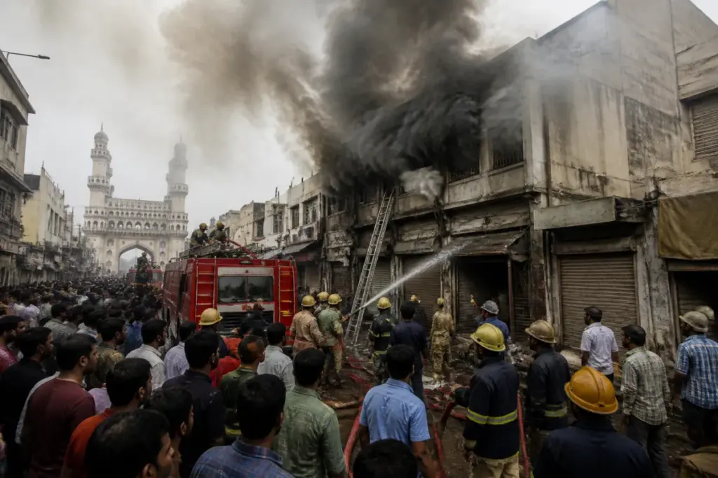 Fire and thick smoke rising from a wholesale clothing shop during the Hyderabad Charminar fire.