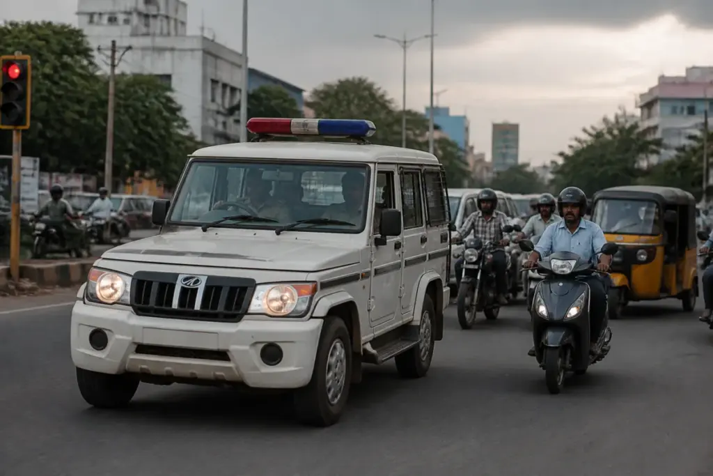 Tamil Nadu policing represented by a police vehicle on a busy Chennai road