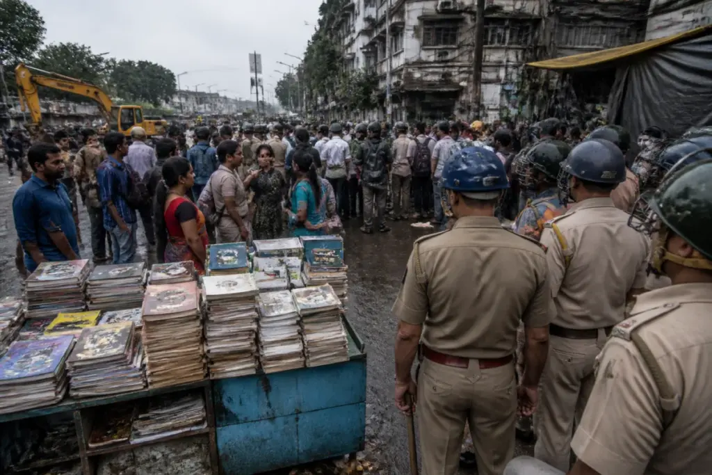 Jadavpur bookstall surrounded by police and protesters during an overnight demolition dispute in Kolkata