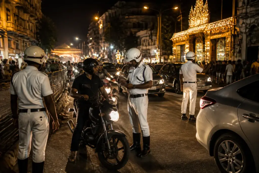 Kolkata traffic police monitoring vehicles during Durga Puja night patrols