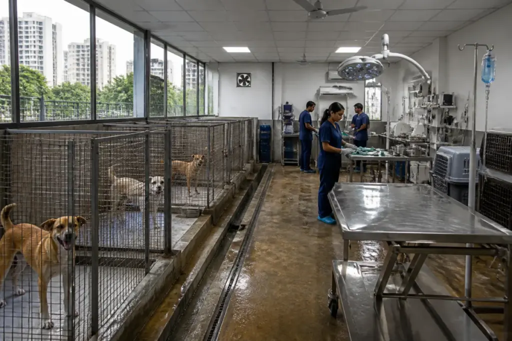 Gurugram dog sterilisation facility with kennels and veterinary equipment