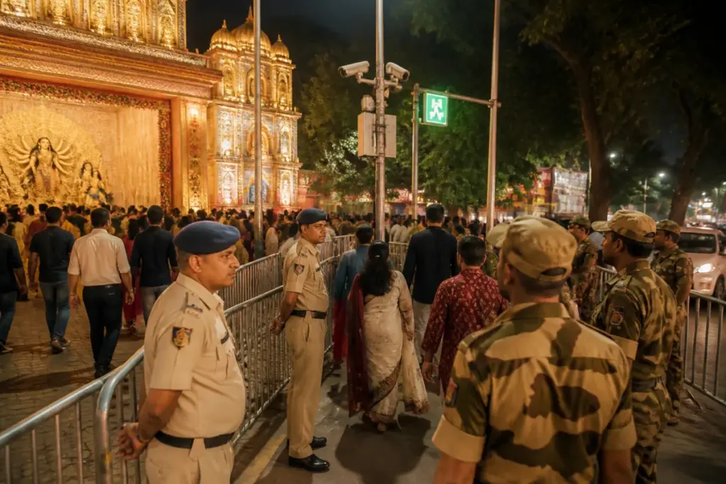CR Park Durga Puja security personnel managing devotees near a Delhi pandal