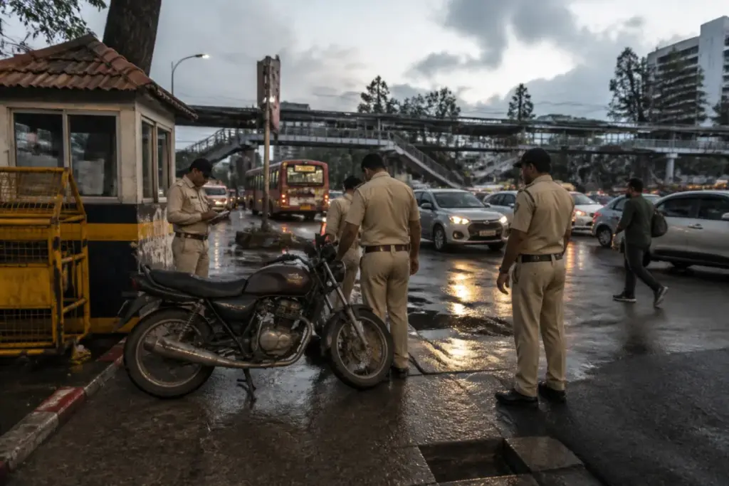 Mumbai shooting investigation near a busy Juhu-Andheri road with police activity and traffic