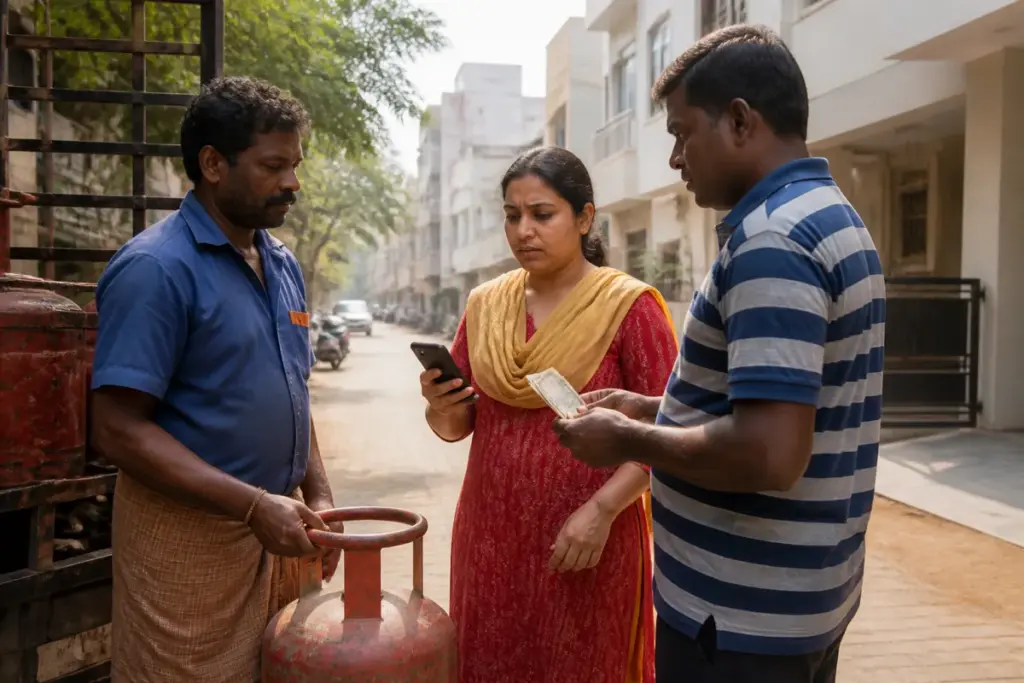 Chennai LPG delivery worker handling a cylinder during a UPI payment dispute