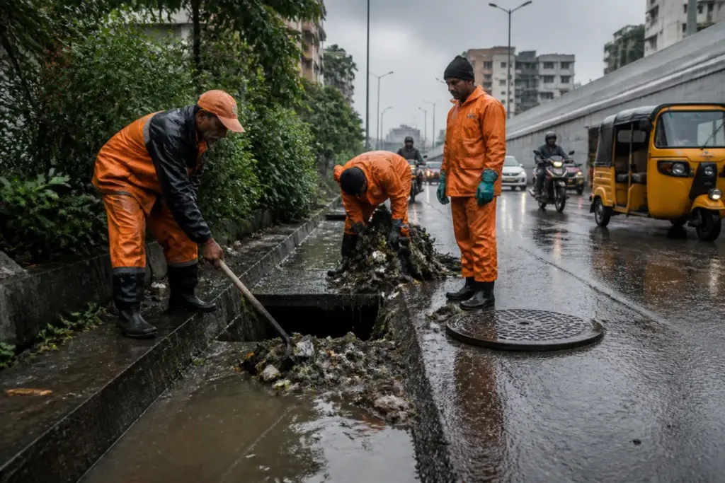 Chennai monsoon preparedness workers clearing plastic waste from a stormwater drain catchpit