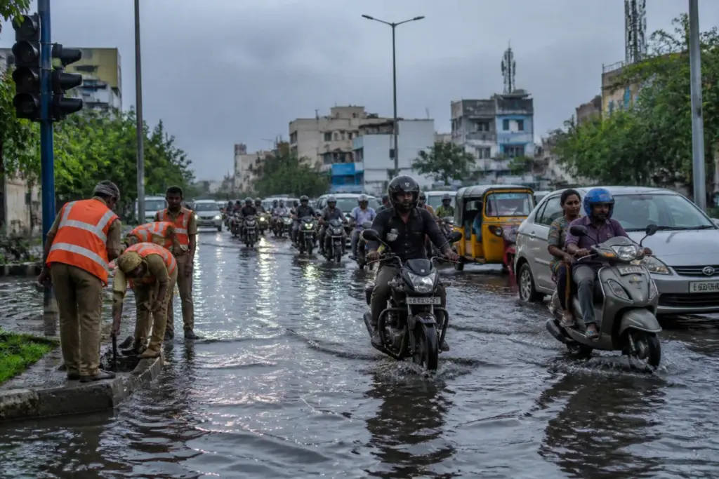 Chennai waterlogging on an urban road after heavy monsoon rainfall