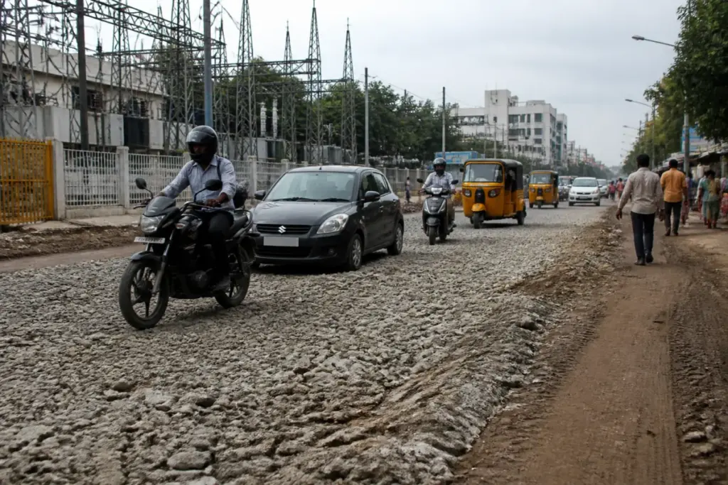 Uneven Velachery Main Road section awaiting repair after TNPDCL cable work in Chennai