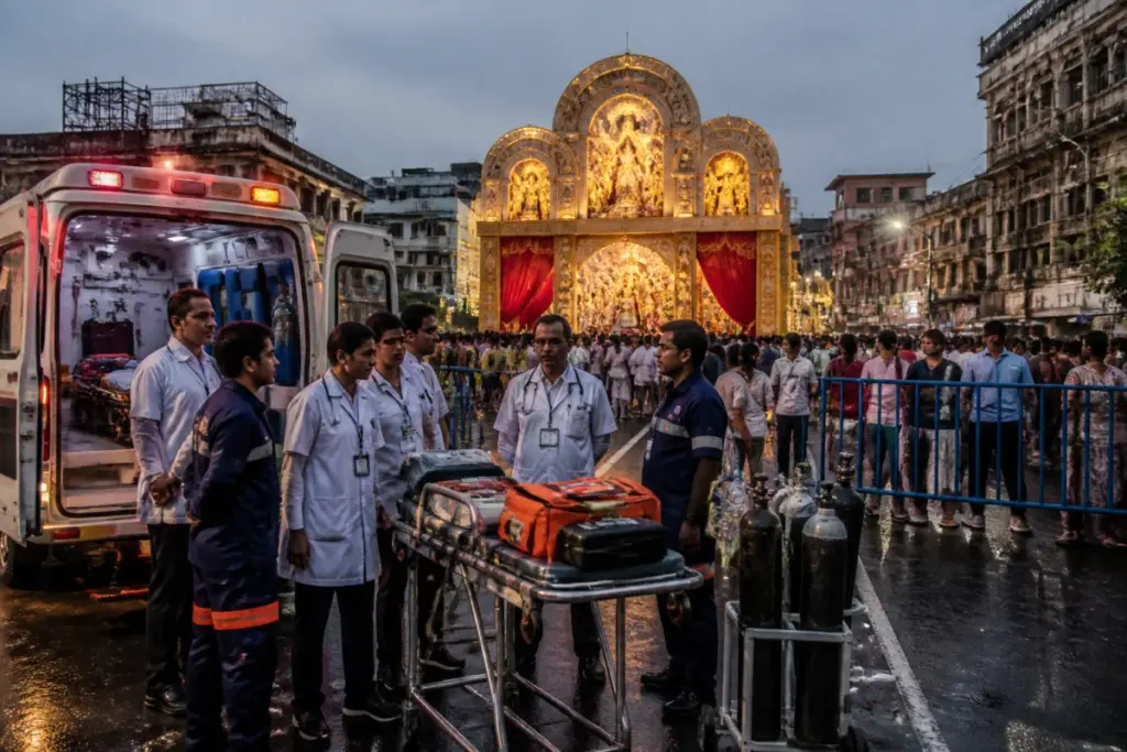 Medical team preparing for Kolkata pandal safety during a crowded festival evening