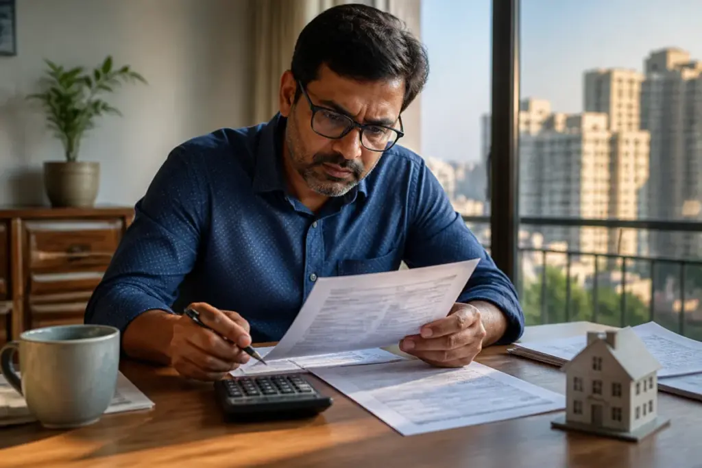 Home loan EMI paperwork beside a calculator and house model