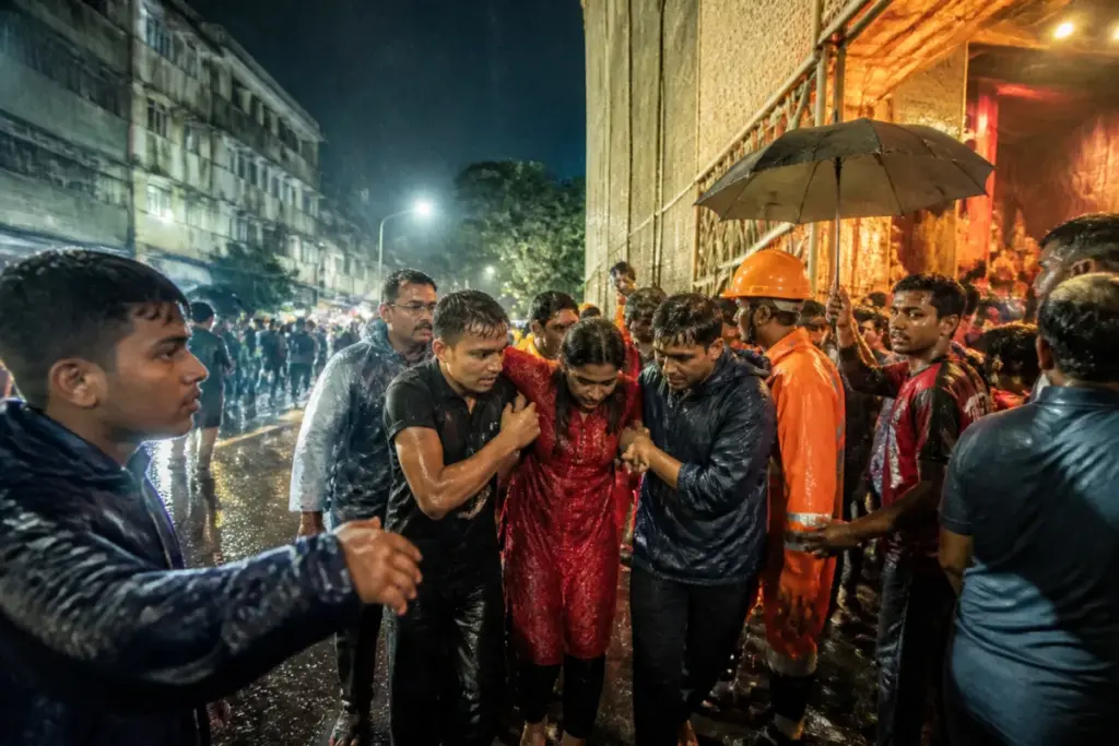 Chorbagan pandal crush rescue scene near a crowded Kolkata festival exit