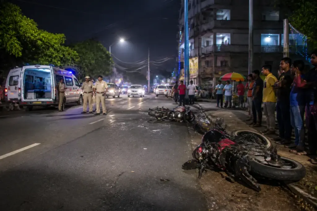 Durgapur bike collision scene on a city road at night
