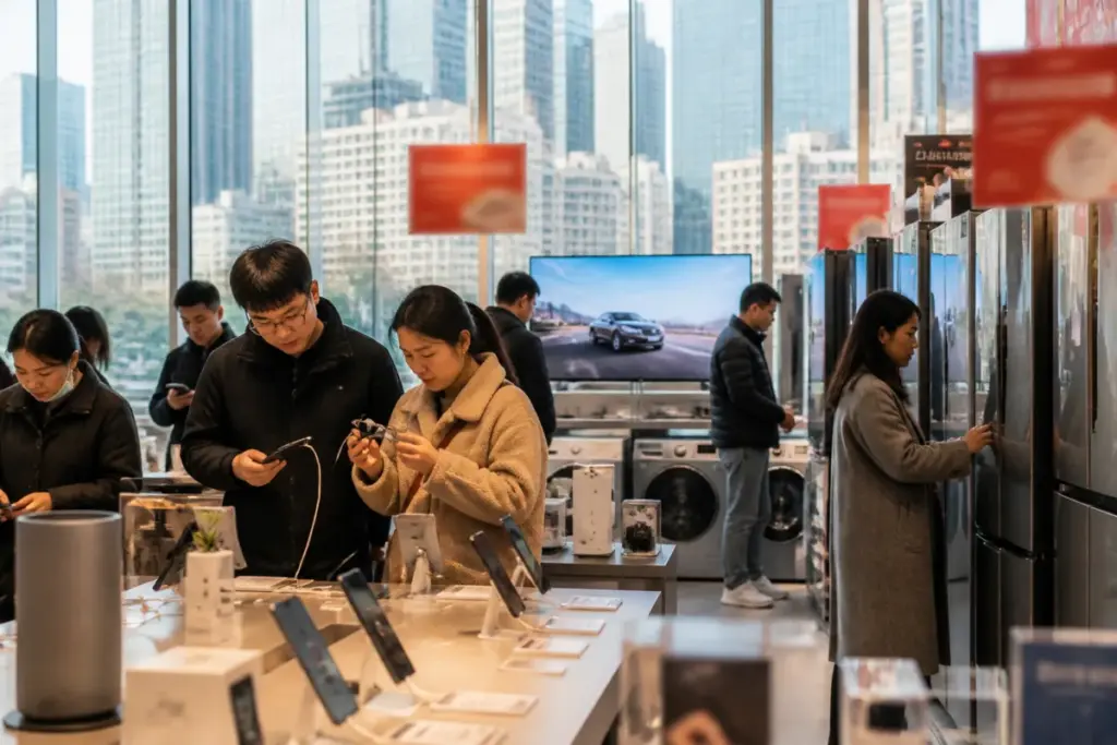 China consumer subsidies displayed beside shoppers choosing smartphones and energy-efficient appliances