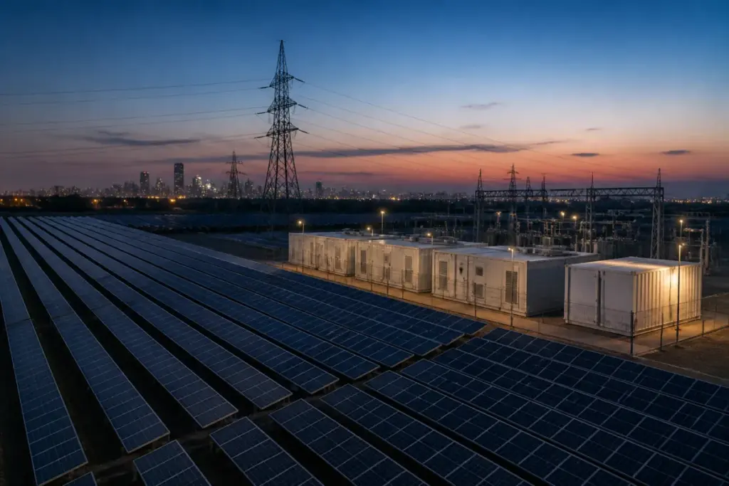 ACME Solar FDRE project combining solar panels and battery storage for evening power supply
