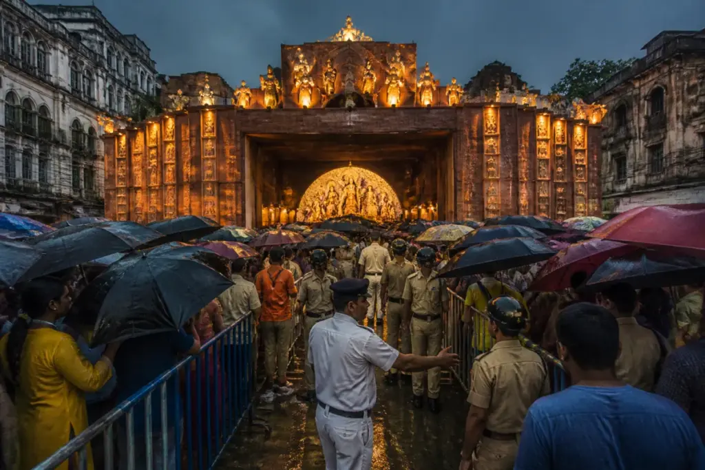 Crowd gathering near a Kolkata Durga Puja pandal during heavy rain