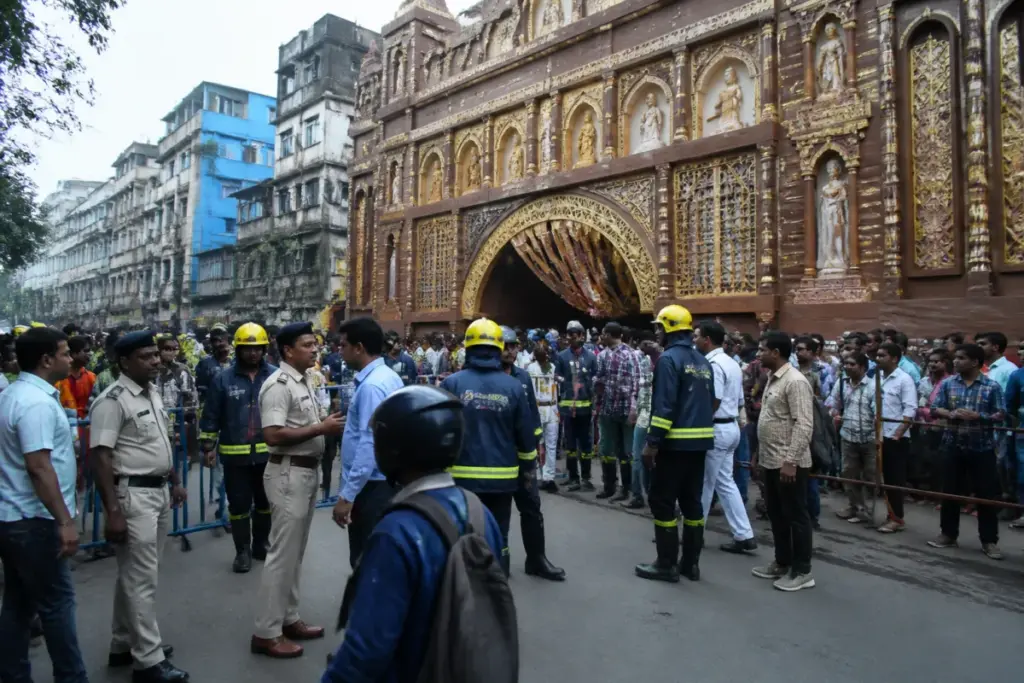 Kolkata pandal stampede scene with emergency responders near a crowded puja venue