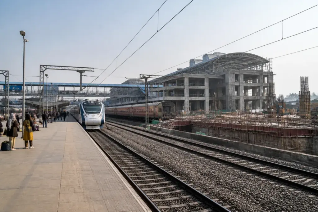 Faridabad railway station during ongoing redevelopment and restored train operations