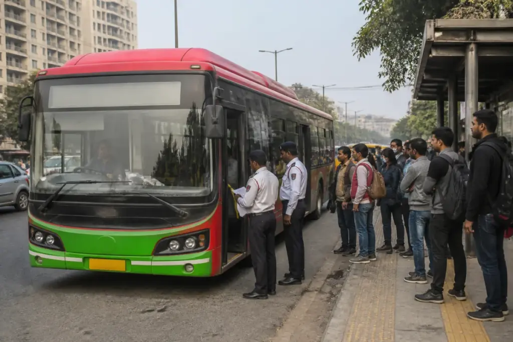 DTC bus safety rules being enforced on a Delhi city bus near a busy bus stop