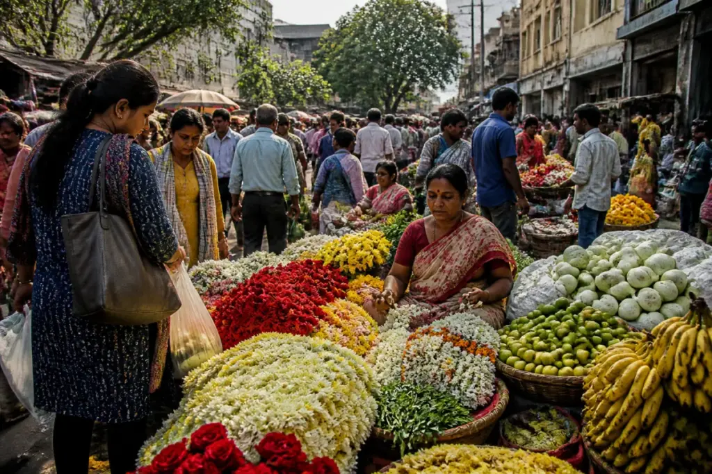 Bengaluru Dasara prices displayed at a crowded flower and produce market