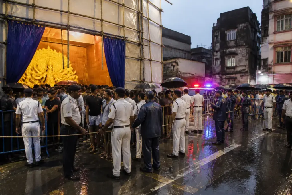 Crowd control measures outside a Kolkata Durga Puja pandal after the stampede