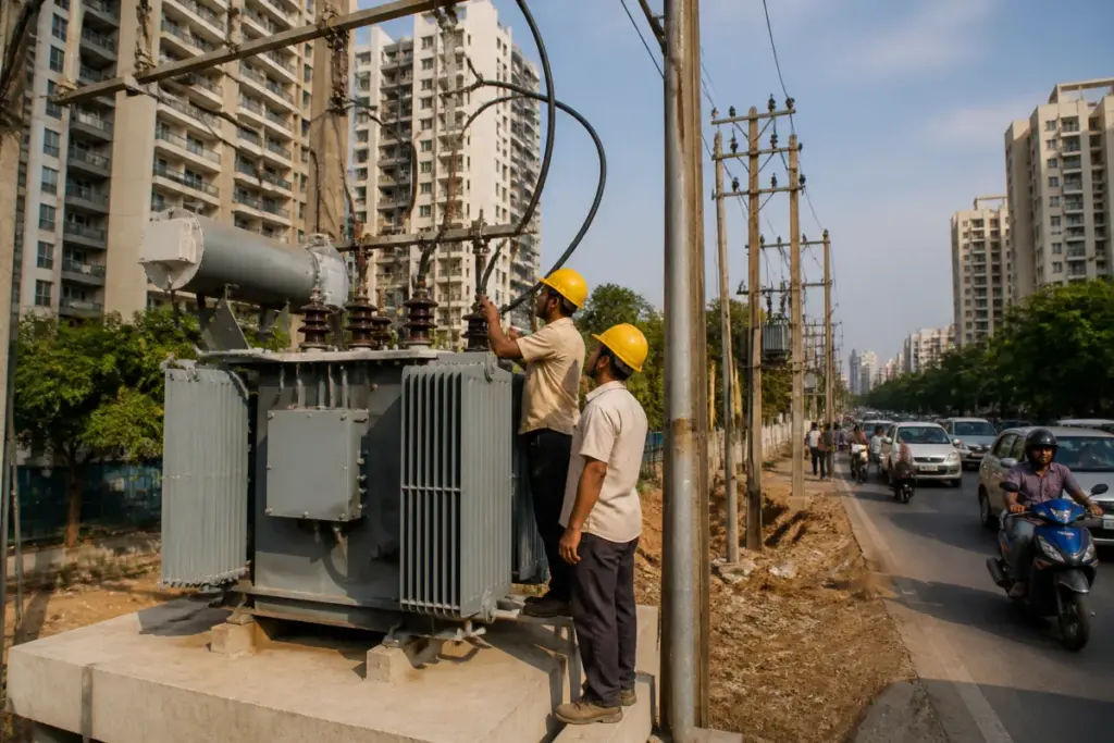 Noida power supply upgrade with a transformer unit beside an urban residential area