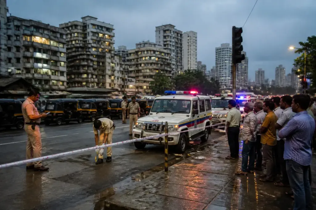 Mumbai Police vehicle near a cordoned city road after the Tiger Shroff firing incident