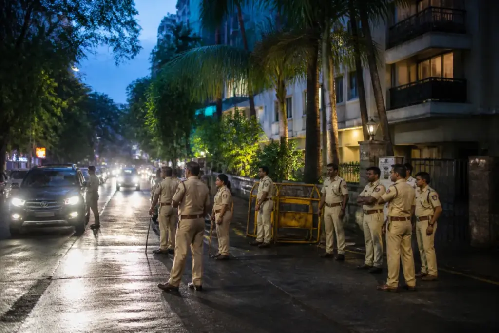 Mumbai Police security outside a Bandra residence after the Tiger Shroff firing in Juhu.