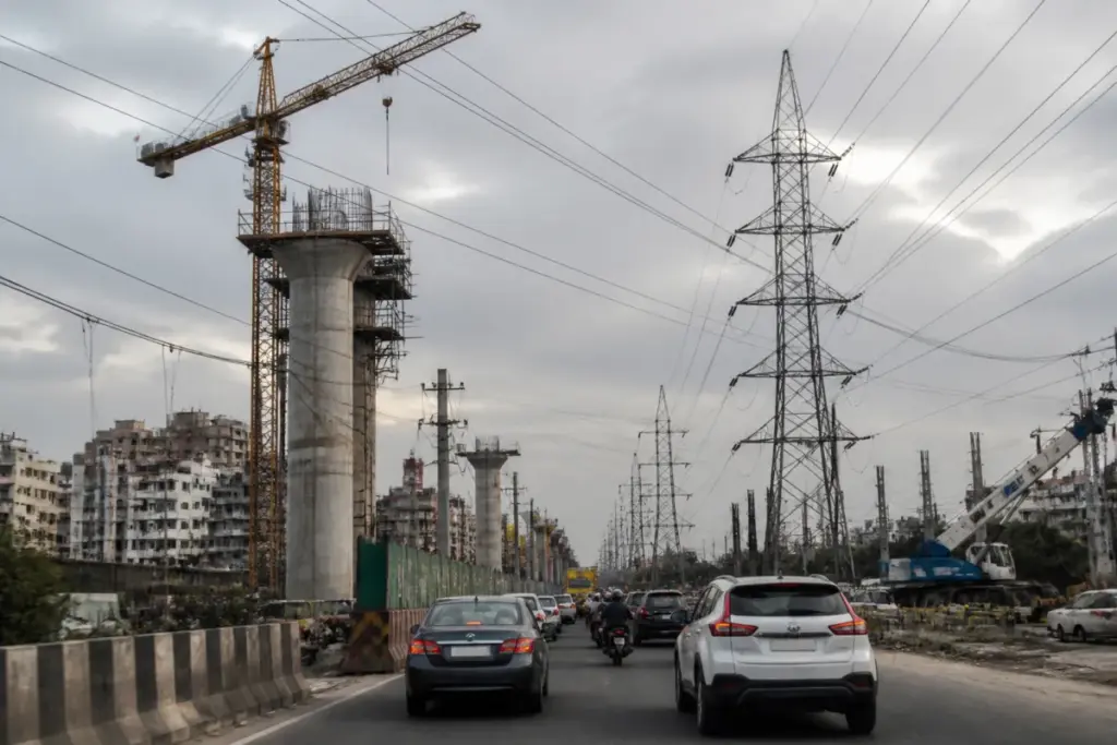 Old Gurugram Metro construction near a high-tension power line and urban road corridor