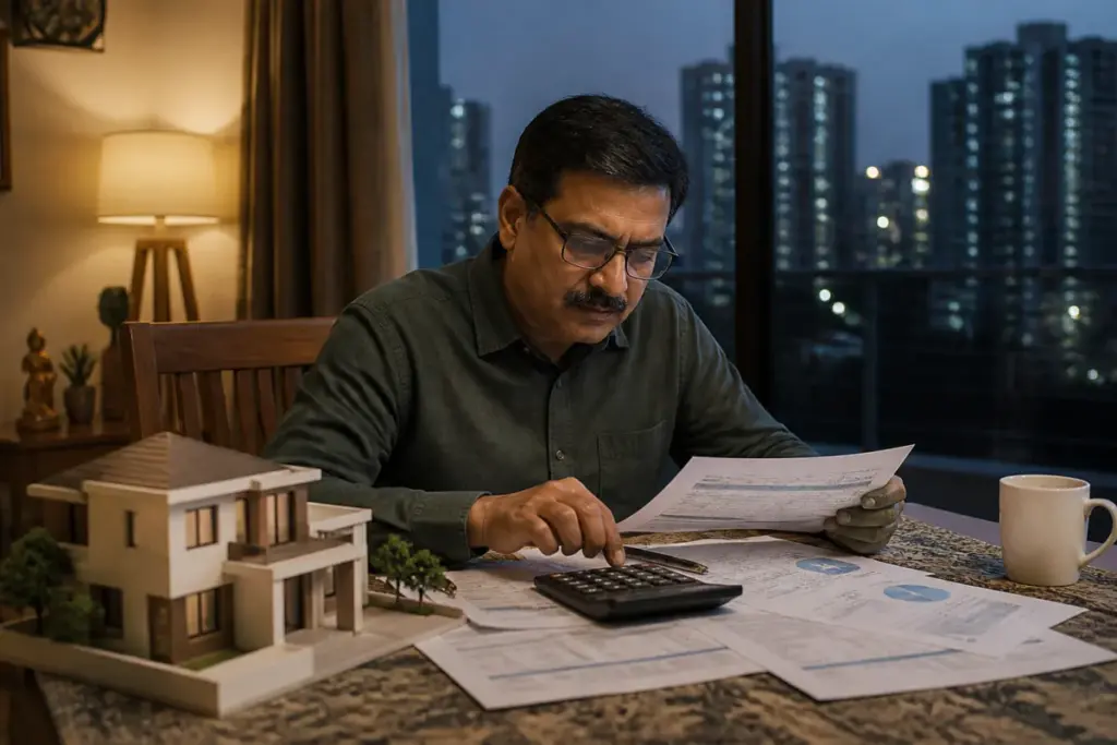 Home loan EMI calculation beside a house model and financial documents