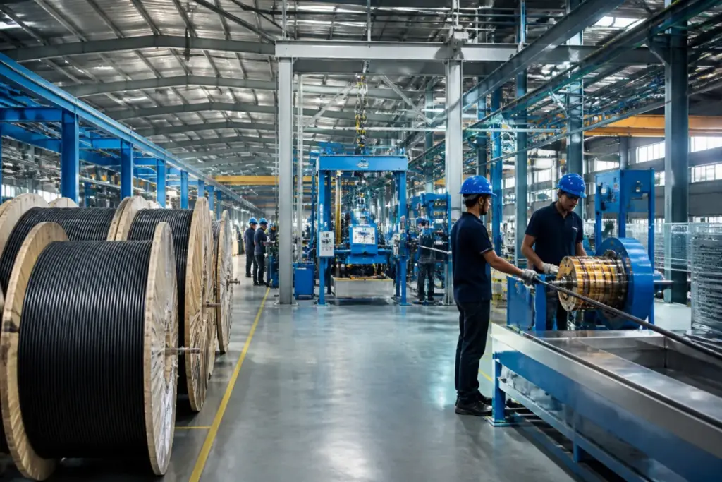 HFCL stock and optical fibre manufacturing infrastructure represented in a telecom facility