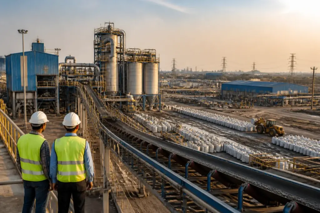 Critical minerals in India represented by an industrial refinery and mineral-processing facility