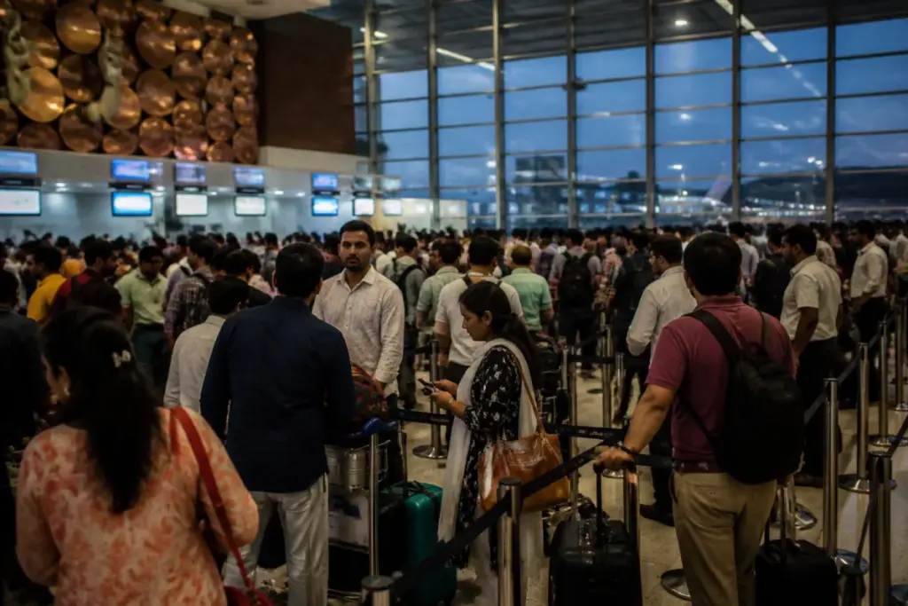 India airfare crisis reflected by passengers at a busy domestic airport terminal
