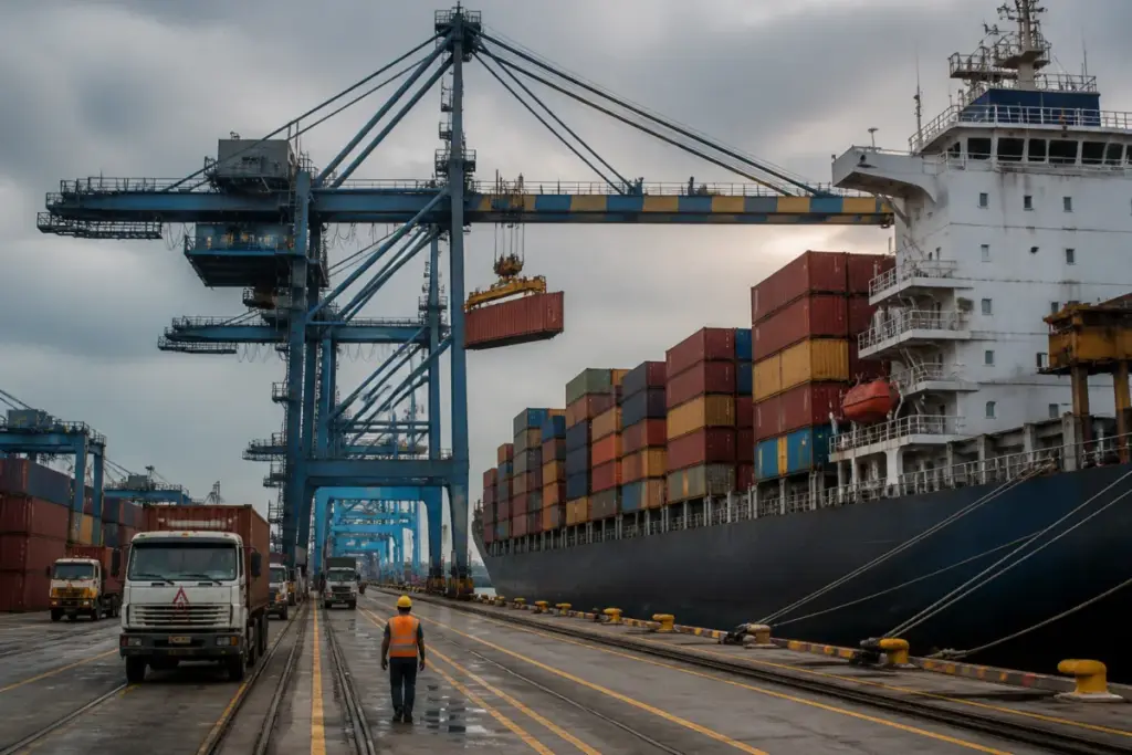 Global container freight rates rise at an Indian container port with cranes and cargo ships.