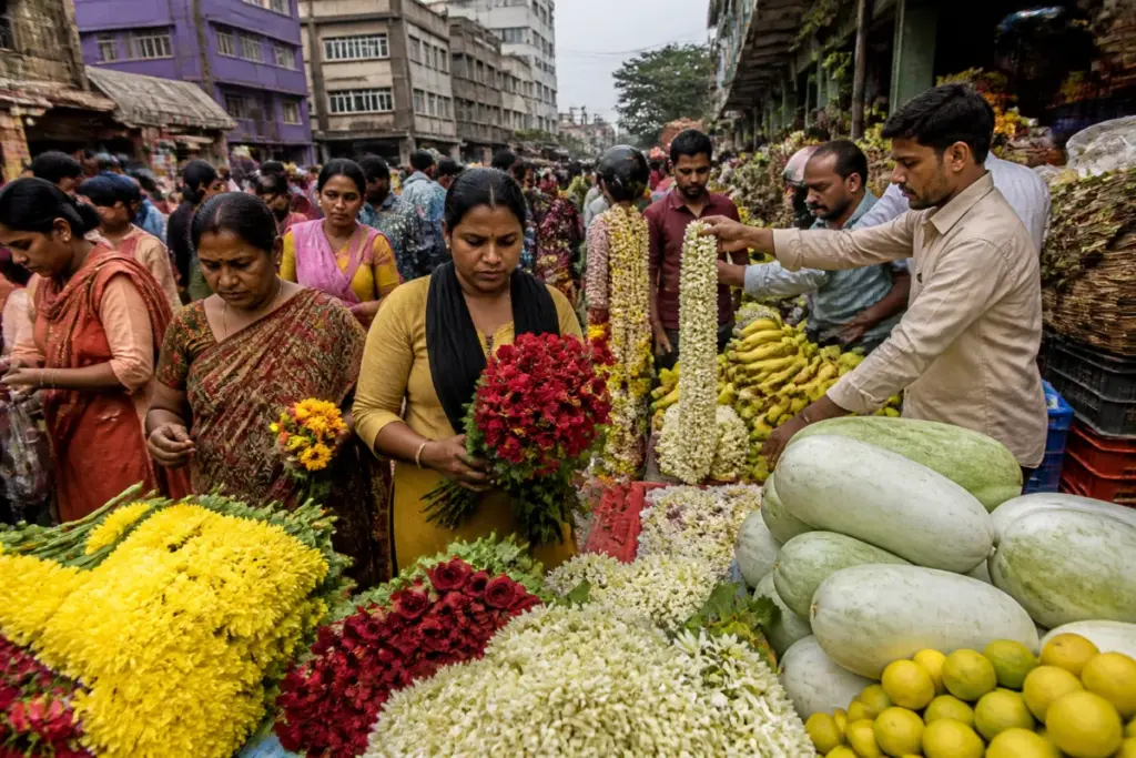 Bengaluru Dasara market prices displayed for flowers, lemons and vegetables at KR Market