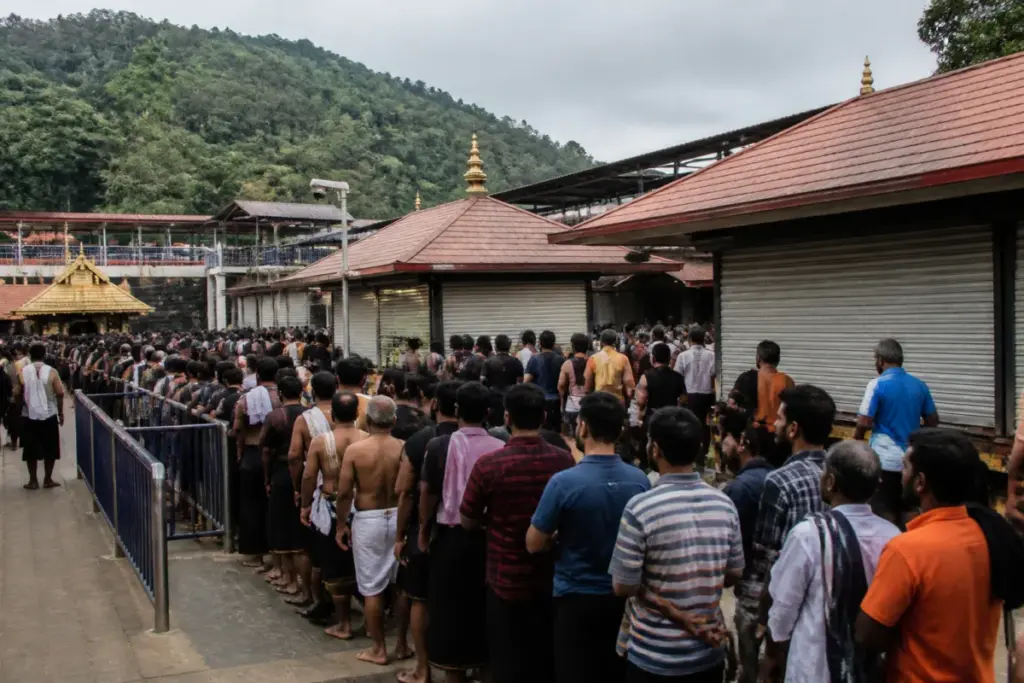 Sabarimala aravana queues outside prasadam counters at the Ayyappa shrine