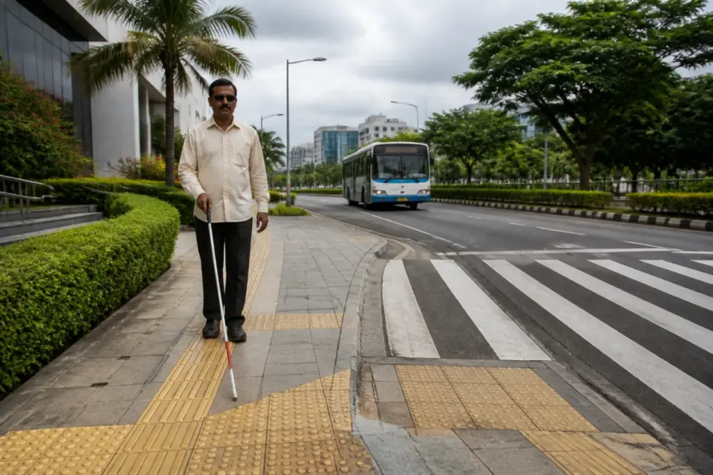 Accessible streets in Kochi with a tactile pedestrian pathway and clear footpath for visually impaired people