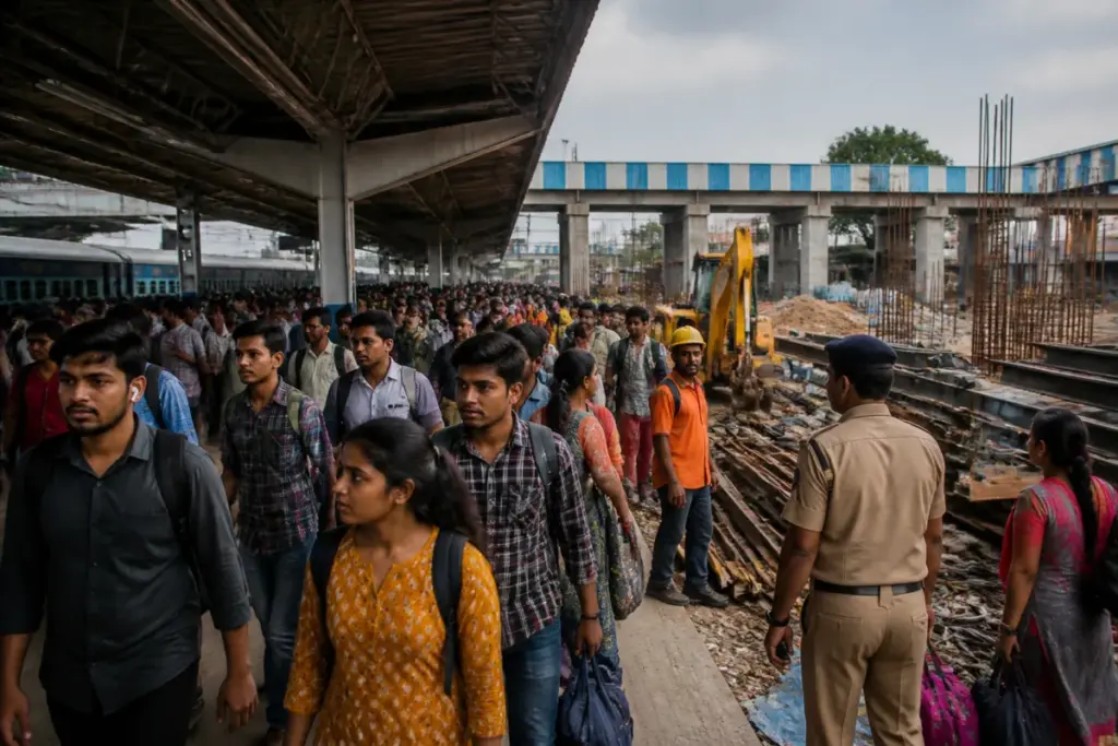 Secunderabad railway station congestion with passengers moving through a crowded platform