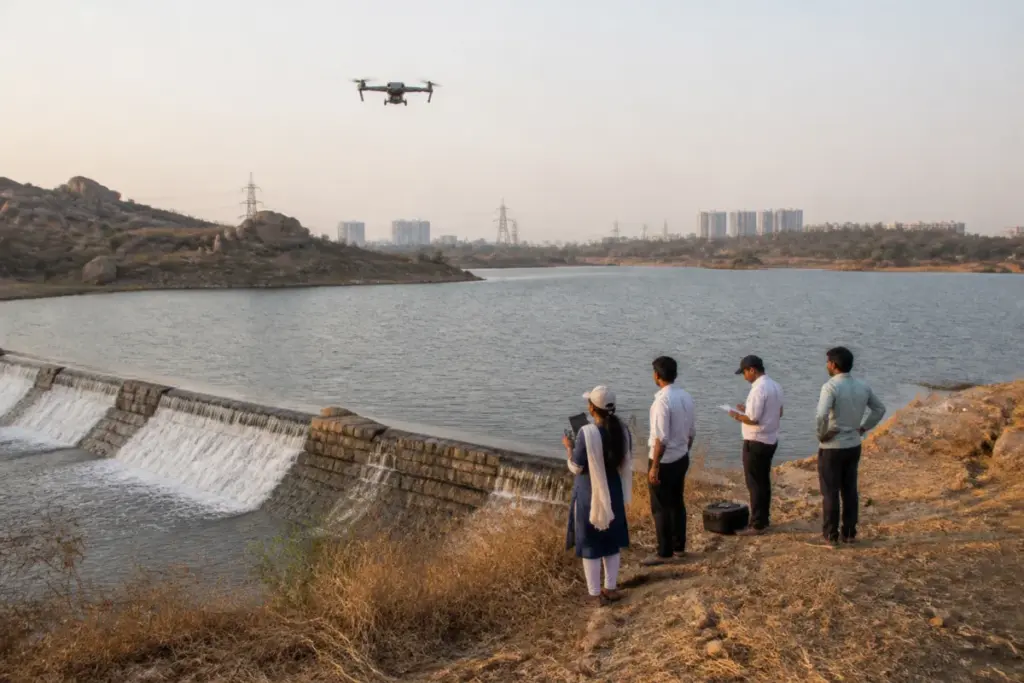 Telangana water conservation survey of a lake and surrounding urban water infrastructure