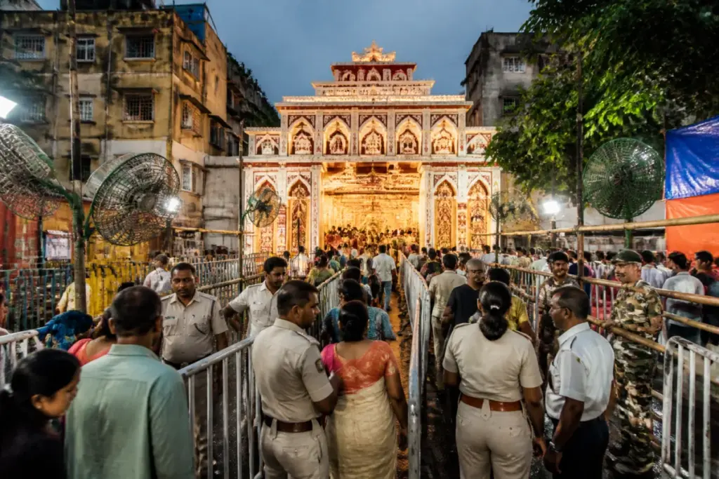 Kolkata Durga Puja pandal inspected for fire safety after a deadly stampede