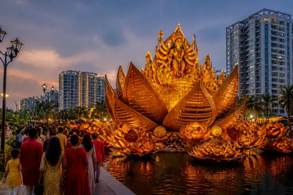New Town Durga Puja pavilion featuring a giant lotus over a water body at City Square