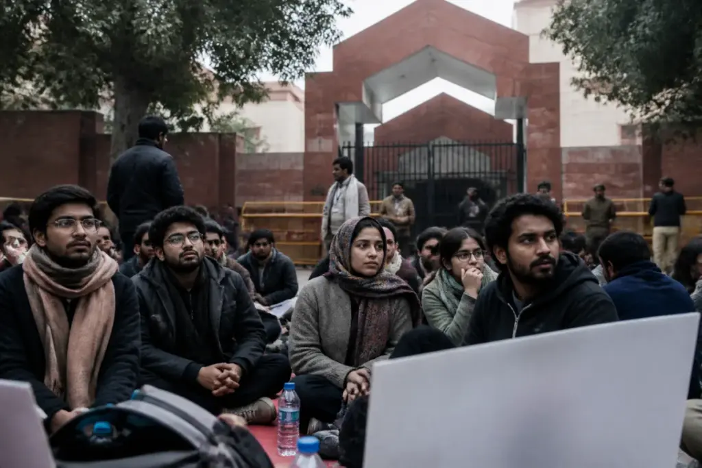 Jamia students’ union protesters outside Jamia Millia Islamia in Delhi