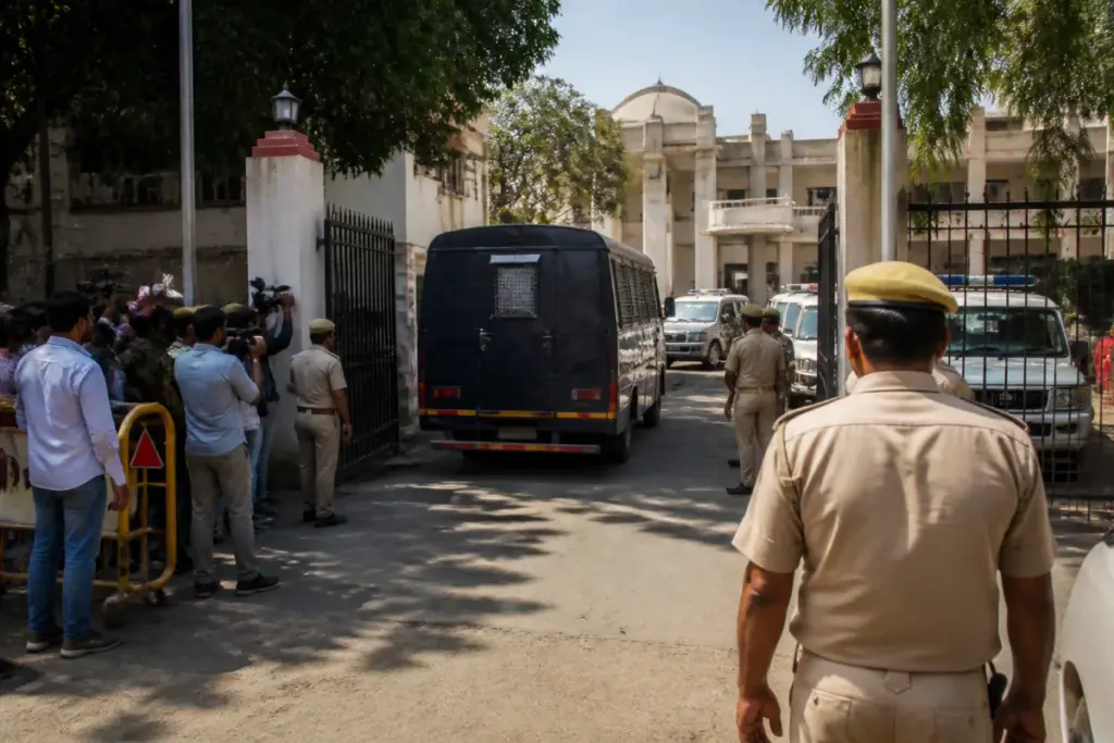 Police security outside a court in the Ankit Baliyan Haryanvi singer murder investigation