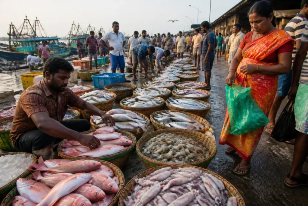 Kasimedu fish market in Chennai with fish baskets and vendors during morning trade