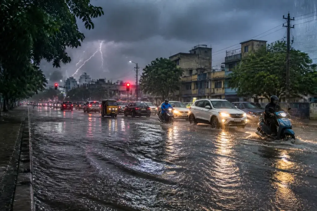 Chennai rain alert conditions with heavy monsoon rain falling on a flooded urban road