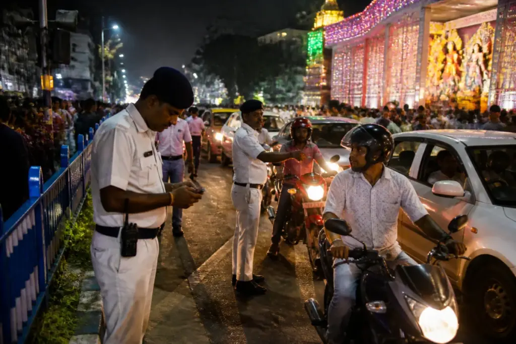 Kolkata traffic police conduct night-time enforcement during Durga Puja