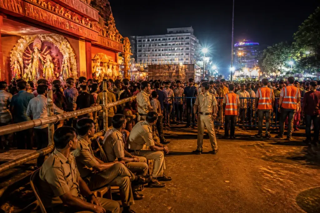 Kolkata civic volunteer safety personnel outside a crowded Durga Puja pandal at night