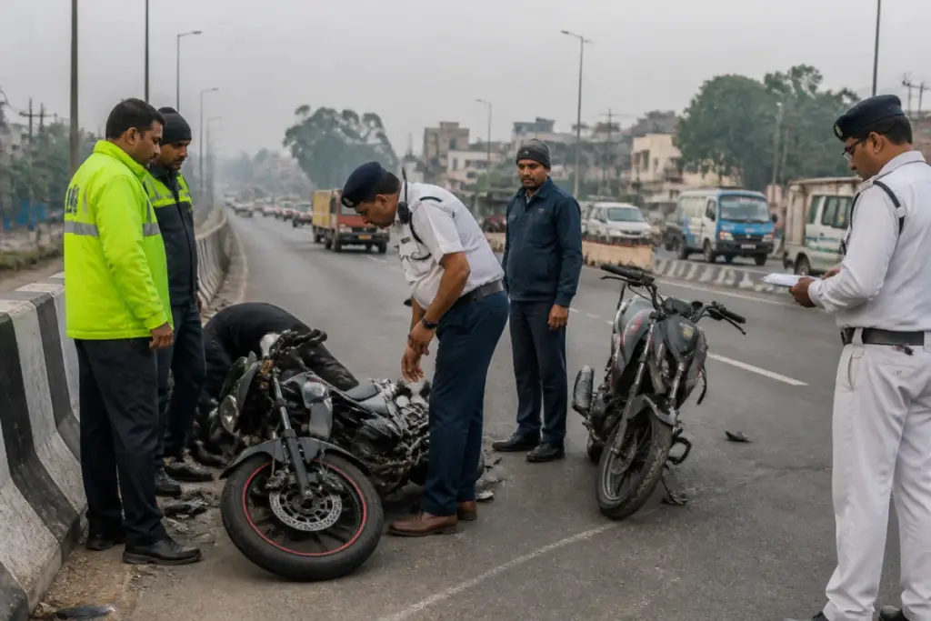 Police and damaged motorcycles after a Kalyani Expressway accident near Rahara
