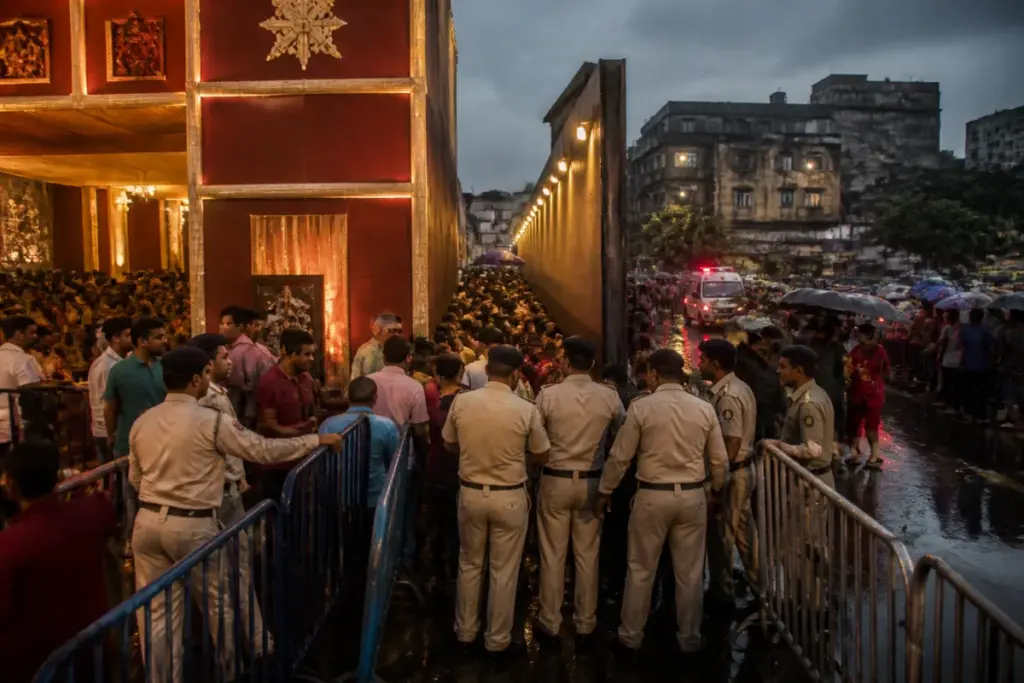 Chorbagan stampede site with a crowded Kolkata puja pandal exit