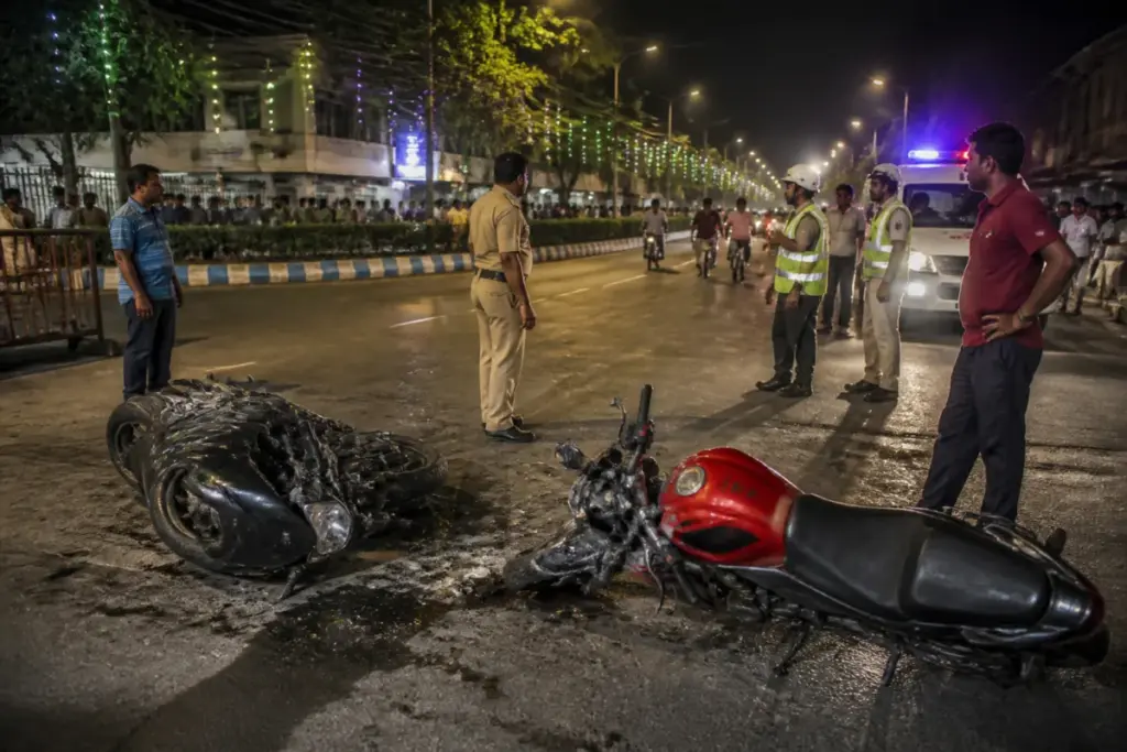 Durgapur road accident scene on a city road at night with motorcycles and emergency response