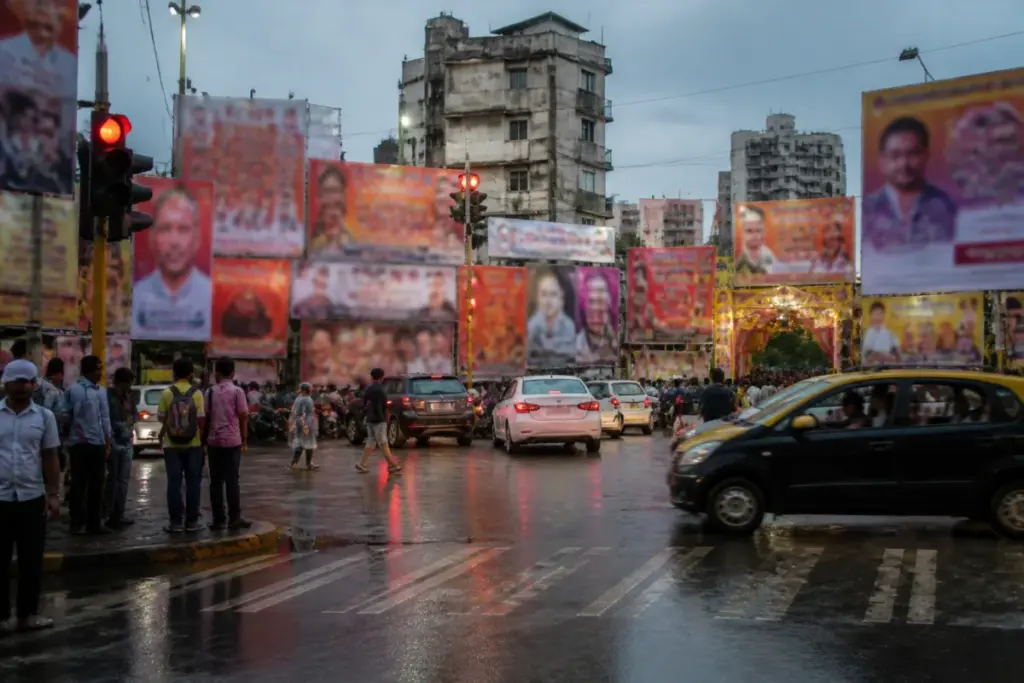 Mumbai illegal banners covering a roadside junction and public utility poles